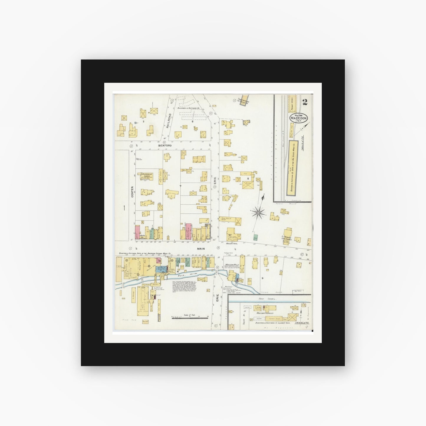Old map wall art mockup — black gallery frame with white mat — Sanborn Fire Insurance Map from Macedon, Wayne County, New York (1906), Sheet #0002