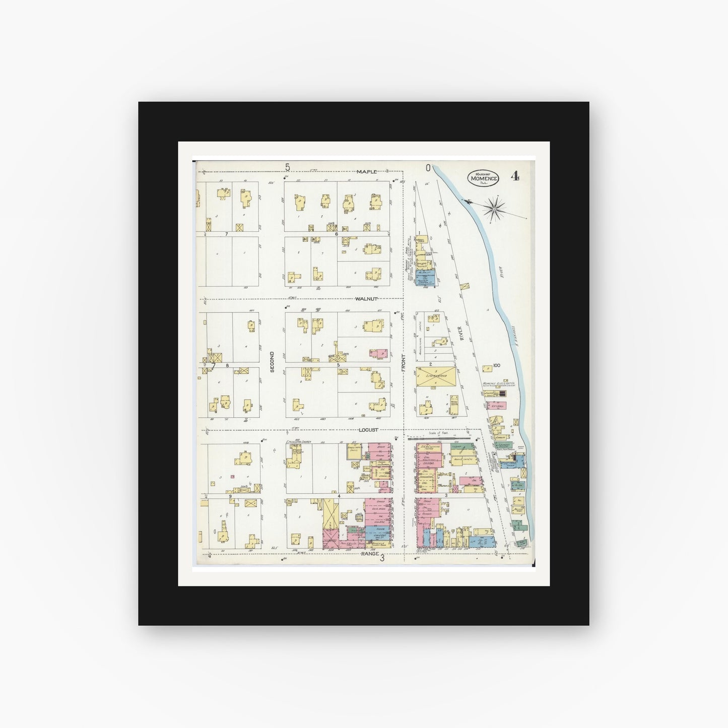 Old map wall art mockup — black gallery frame with white mat — Sanborn Fire Insurance Map from Momence, Kankakee County, Illinois (1907), Sheet #0004