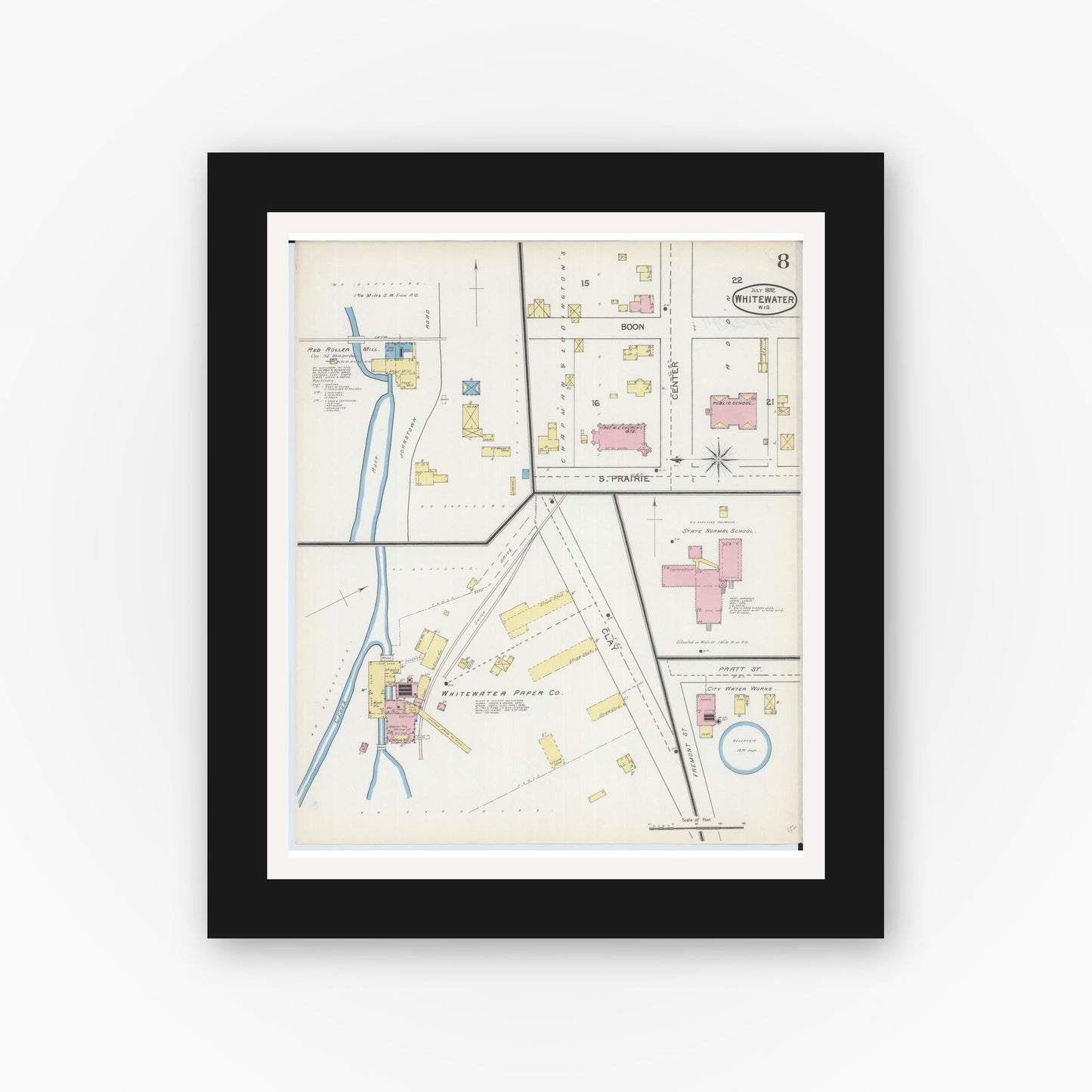 Old map wall art mockup — black gallery frame with white mat — Sanborn Fire Insurance Map from Whitewater, Walworth County, Wisconsin (1892), Sheet #0008