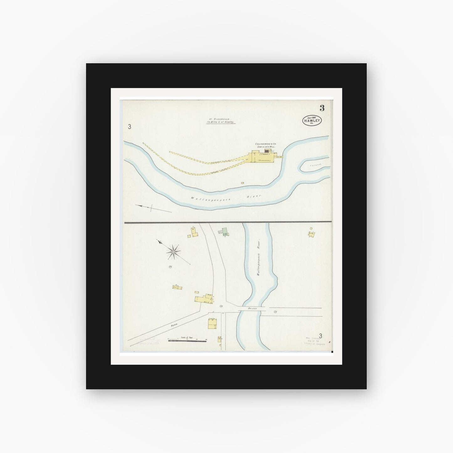 Old map wall art mockup — black gallery frame with white mat — Sanborn Fire Insurance Map from Hawley, Wayne County, Pennsylvania (1897), Sheet #0003
