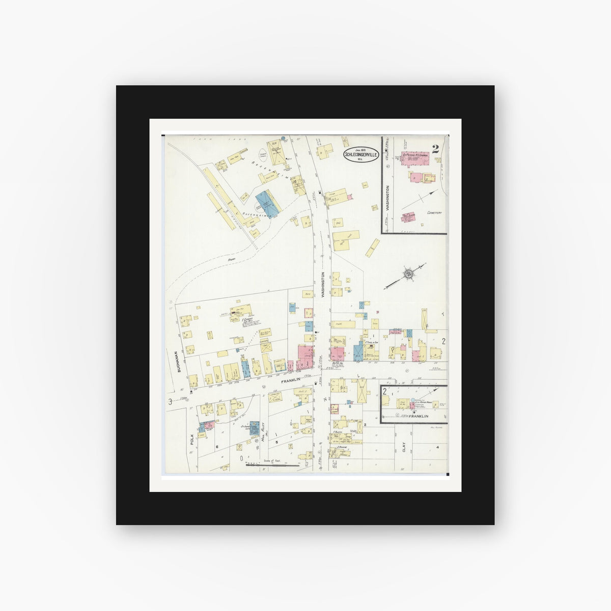 Old map wall art mockup — black gallery frame with white mat — Sanborn Fire Insurance Map from Schleisingerville, Washington County, Wisconsin (1913), Sheet #0002