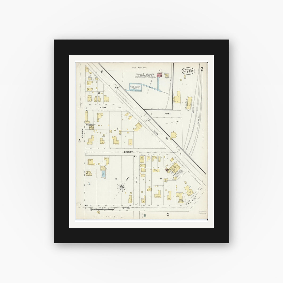 Old map wall art mockup — black gallery frame with white mat — Sanborn Fire Insurance Map from Palatka, Putnam County, Florida (1897), Sheet #0007