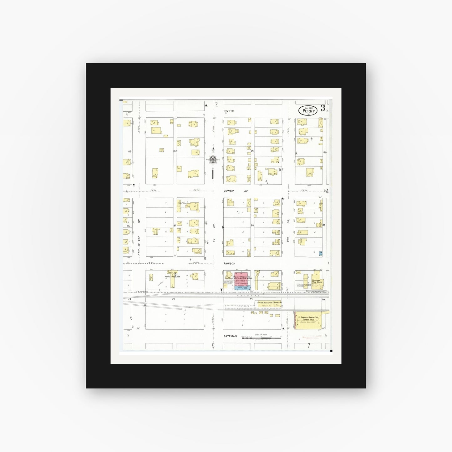 Old map wall art mockup — black gallery frame with white mat — Sanborn Fire Insurance Map from Perry, Dallas County, Iowa (1918), Sheet #0003