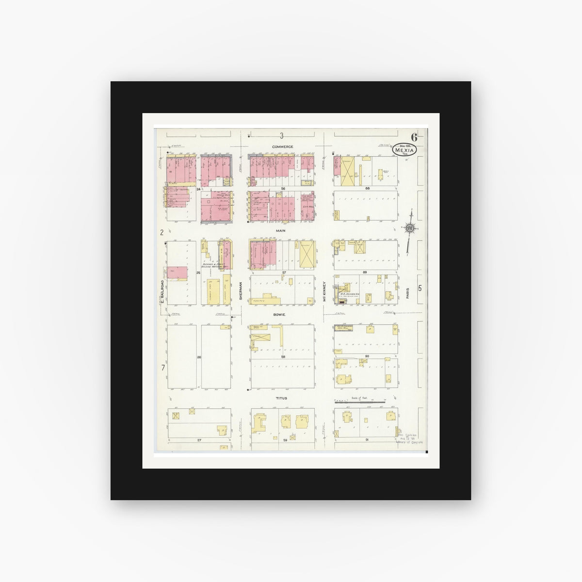 Old map wall art mockup — black gallery frame with white mat — Sanborn Fire Insurance Map from Mexia, Limestone County, Texas (1911), Sheet #0006