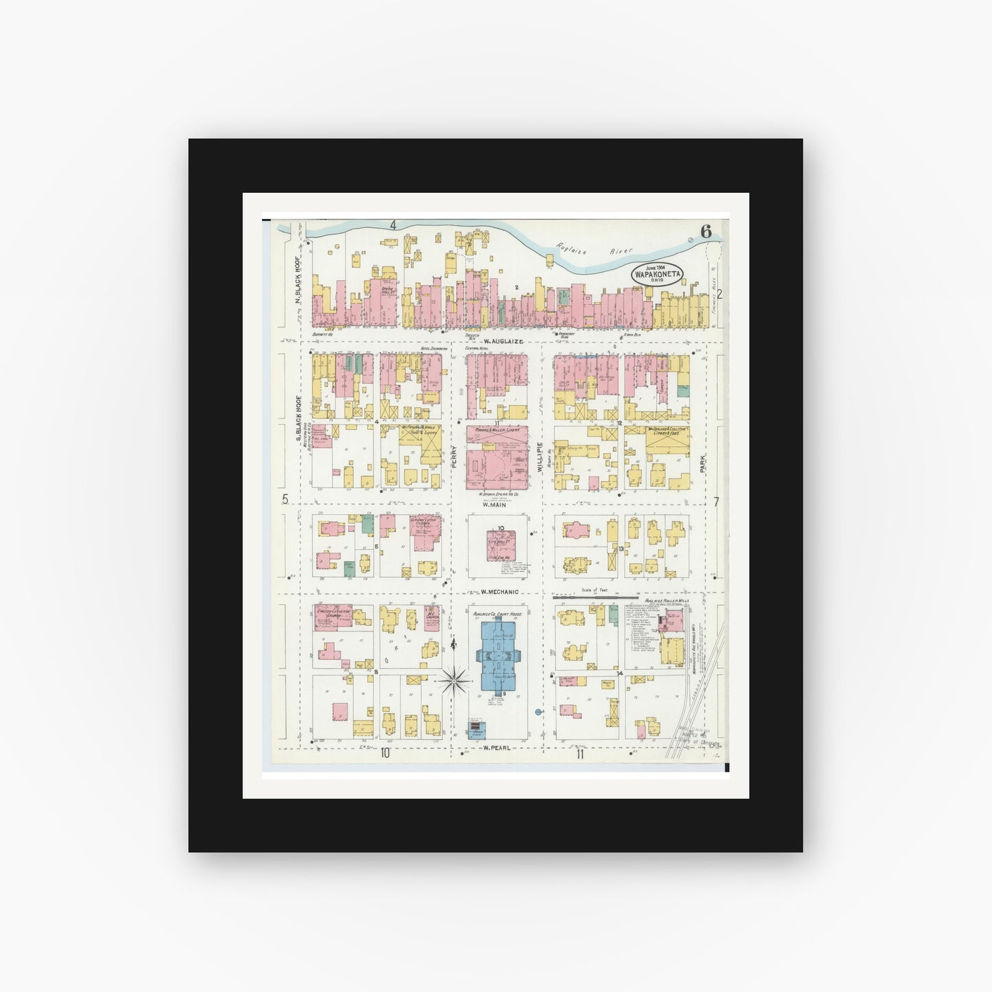 Old map wall art mockup — black gallery frame with white mat — Sanborn Fire Insurance Map from Wapakoneta, Auglaize County, Ohio (1904), Sheet #0006
