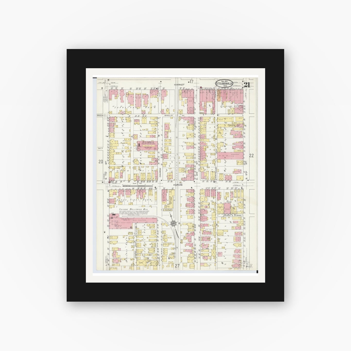 Old map wall art mockup — black gallery frame with white mat — Sanborn Fire Insurance Map from Steubenville, Jefferson County, Ohio (1913), Sheet #0021