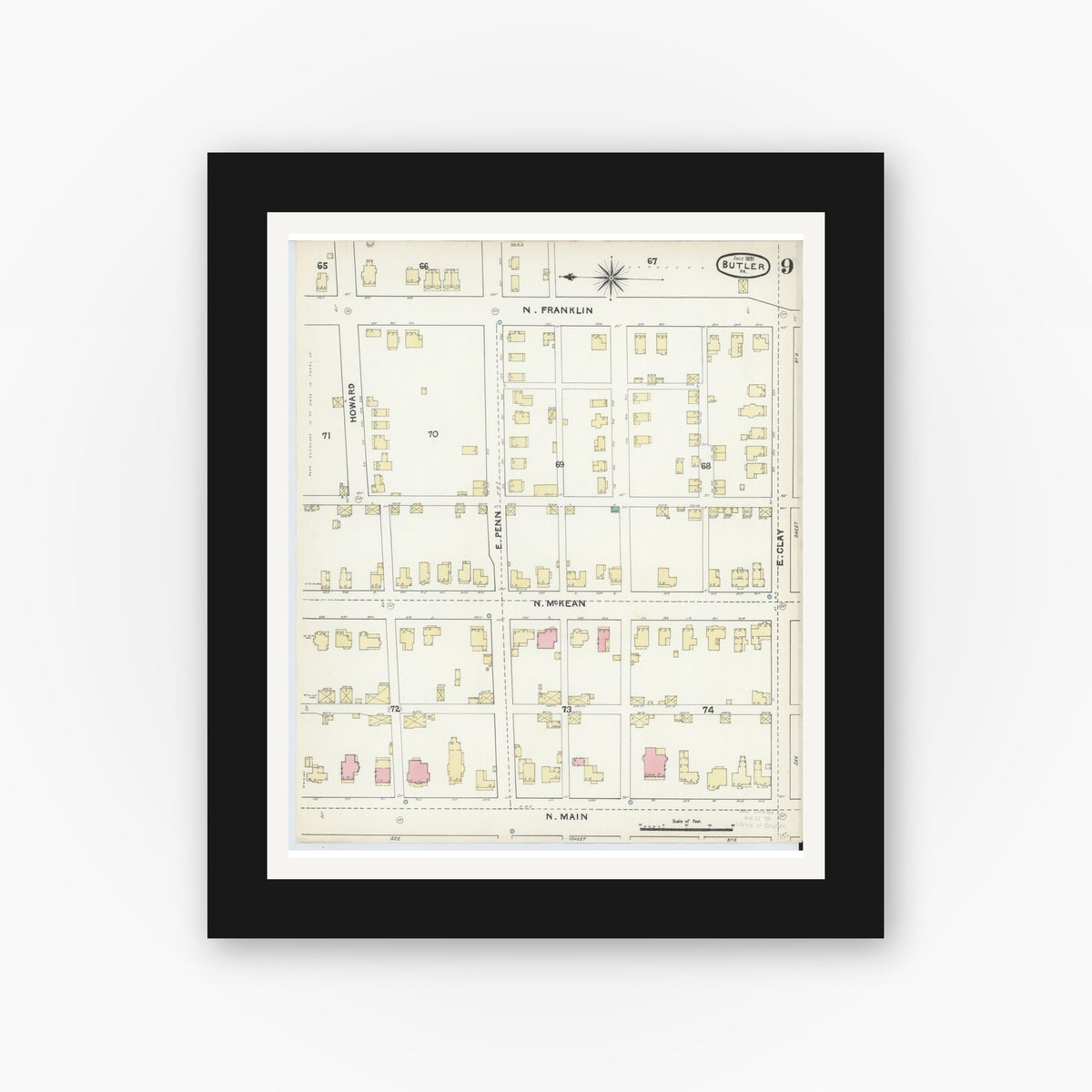 Old map wall art mockup β black gallery frame with white mat β Sanborn Fire Insurance Map from Butler, Butler County, Pennsylvania (1891), Sheet #0009