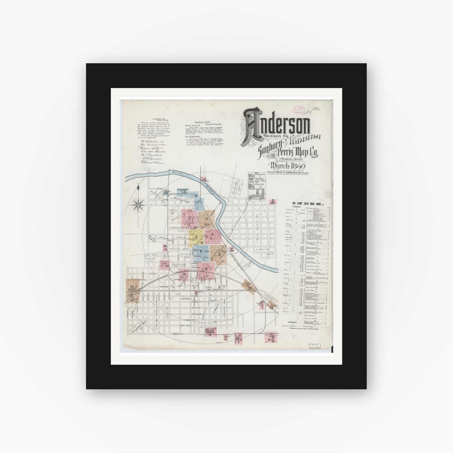 Old map wall art mockup — black gallery frame with white mat — Sanborn Fire Insurance Map from Anderson, Madison County, Indiana (1890), Sheet #0001