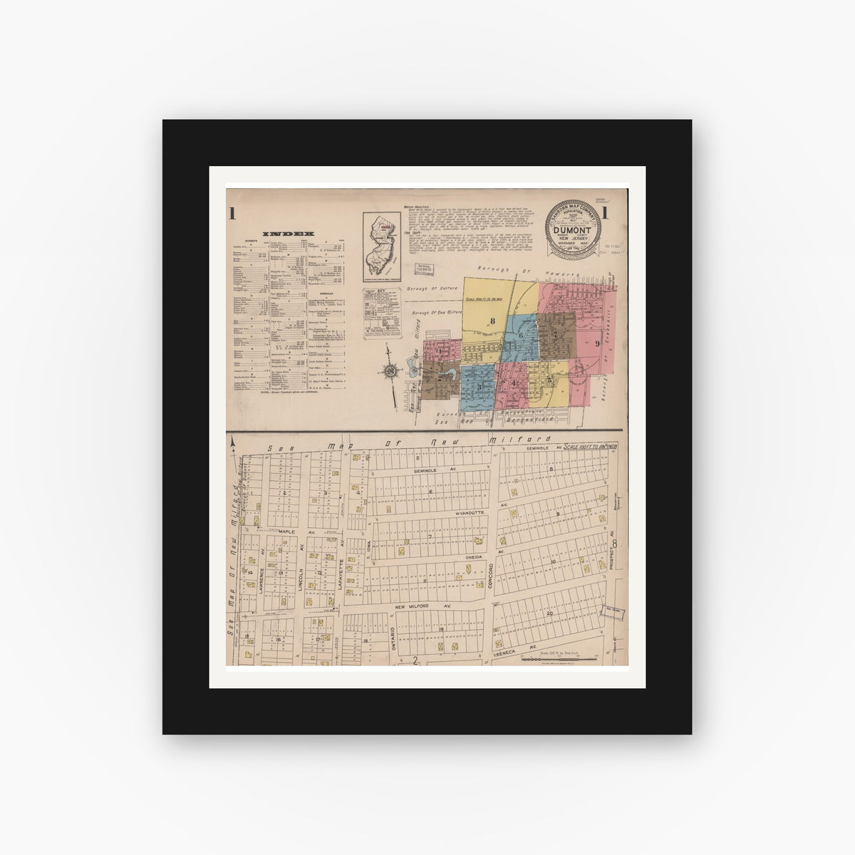 Old map wall art mockup — black gallery frame with white mat — Sanborn Fire Insurance Map from Dumont, Bergen County, New Jersey (1922) - Complete Map Set
