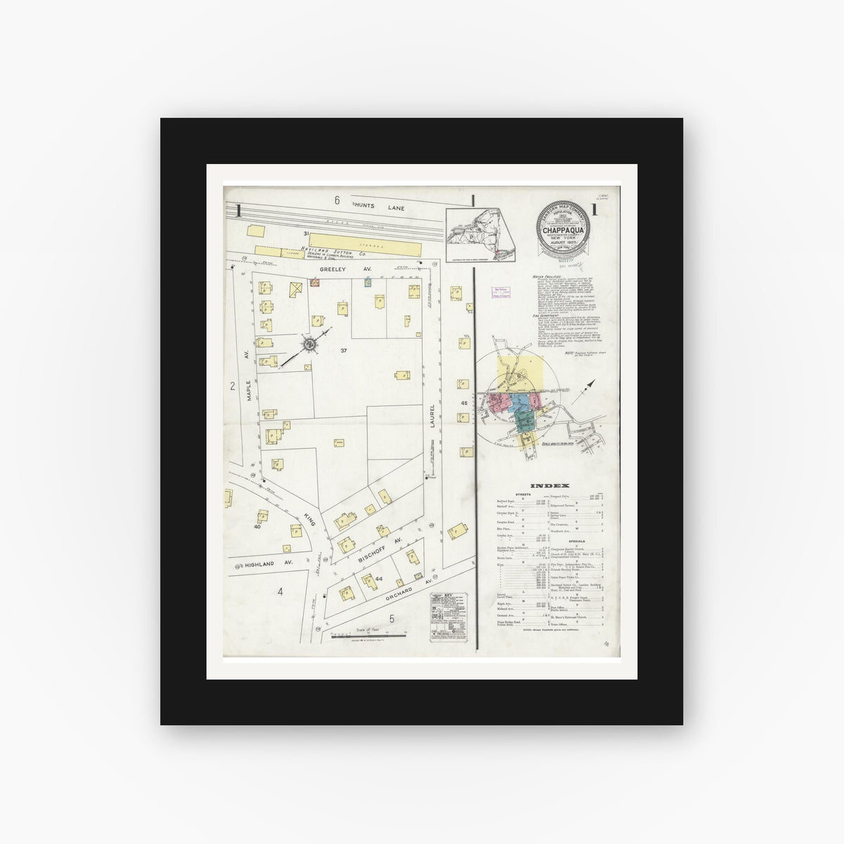 Old map wall art mockup — black gallery frame with white mat — Sanborn Fire Insurance Map from Chappaqua, Westchester County, New York (1925), Sheet #0001