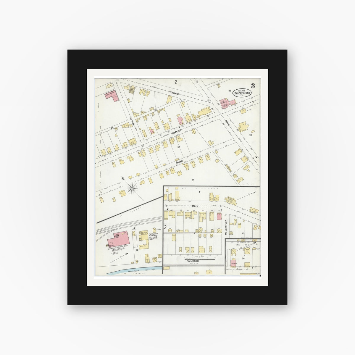 Old map wall art mockup — black gallery frame with white mat — Sanborn Fire Insurance Map from Shickshinny, Luzerne County, Pennsylvania (1901), Sheet #0003