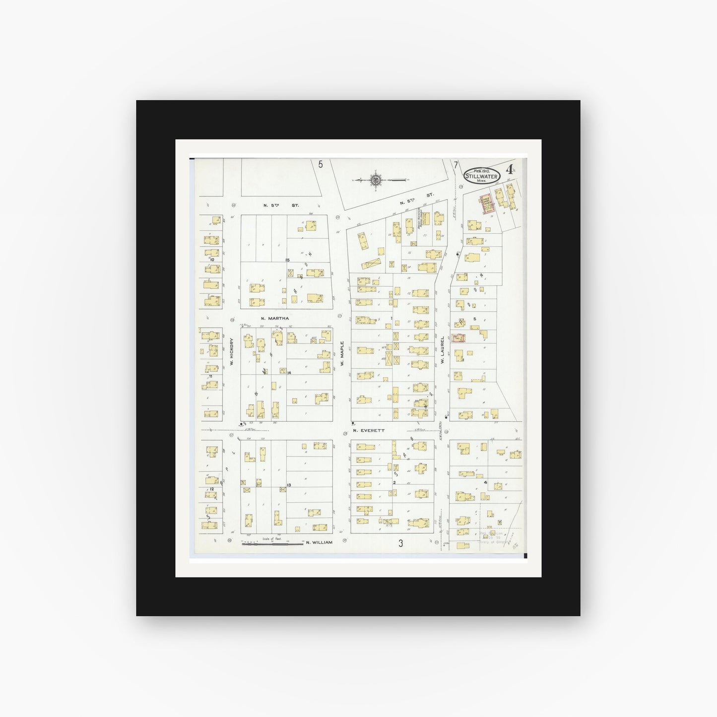 Old map wall art mockup — black gallery frame with white mat — Sanborn Fire Insurance Map from Stillwater, Washington County, Minnesota (1910), Sheet #0004