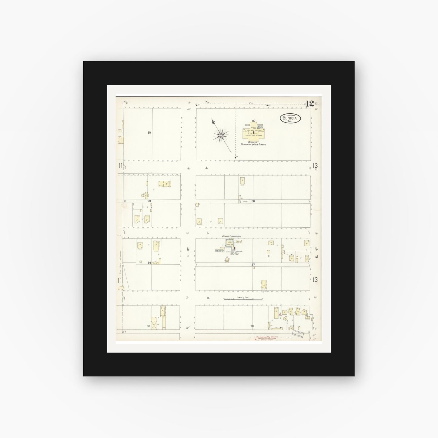 Old map wall art mockup — black gallery frame with white mat — Sanborn Fire Insurance Map from Benicia, Solano County, California (1899), Sheet #0012