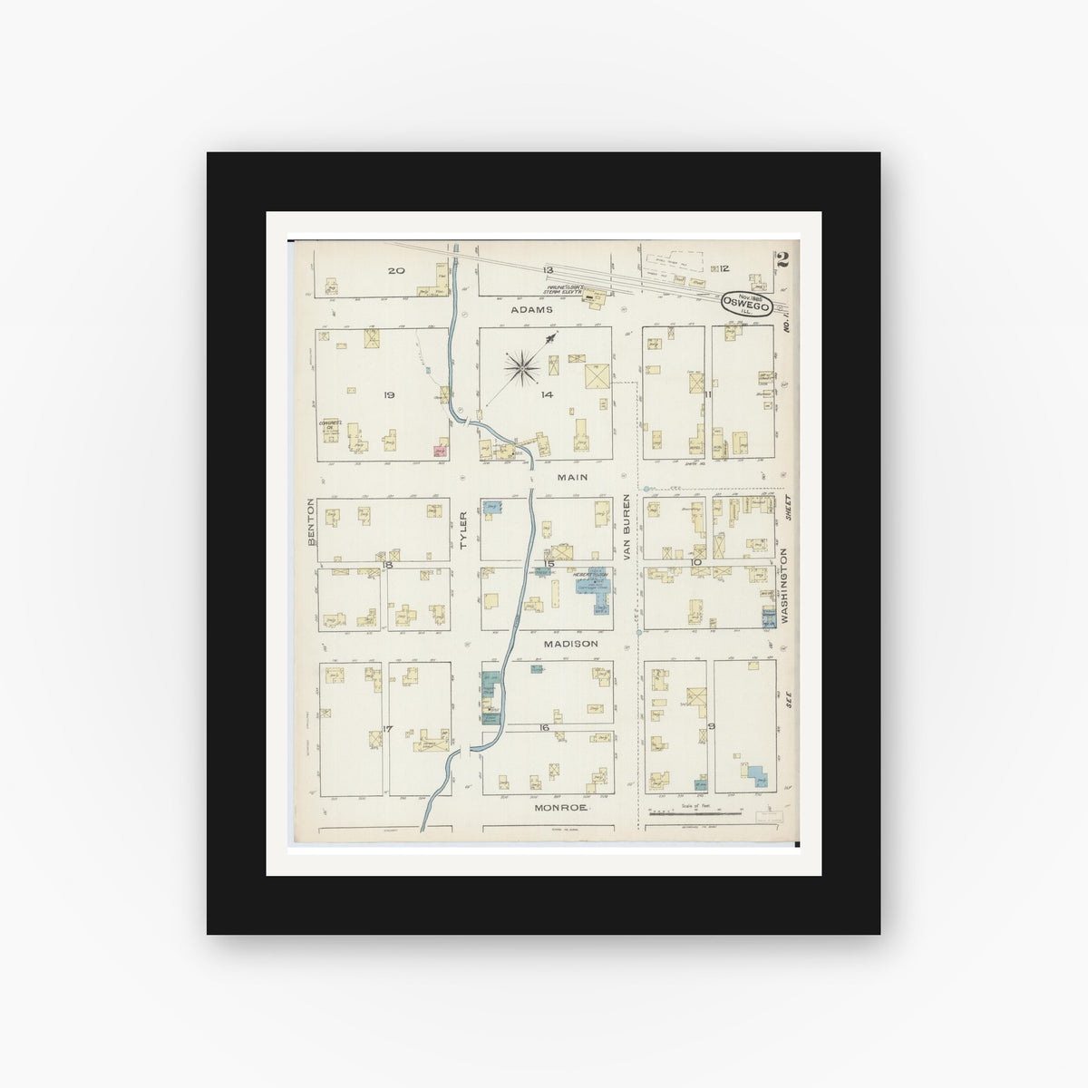 Old map wall art mockup — black gallery frame with white mat — Sanborn Fire Insurance Map from Oswego, Kendall County, Illinois (1885), Sheet #0002