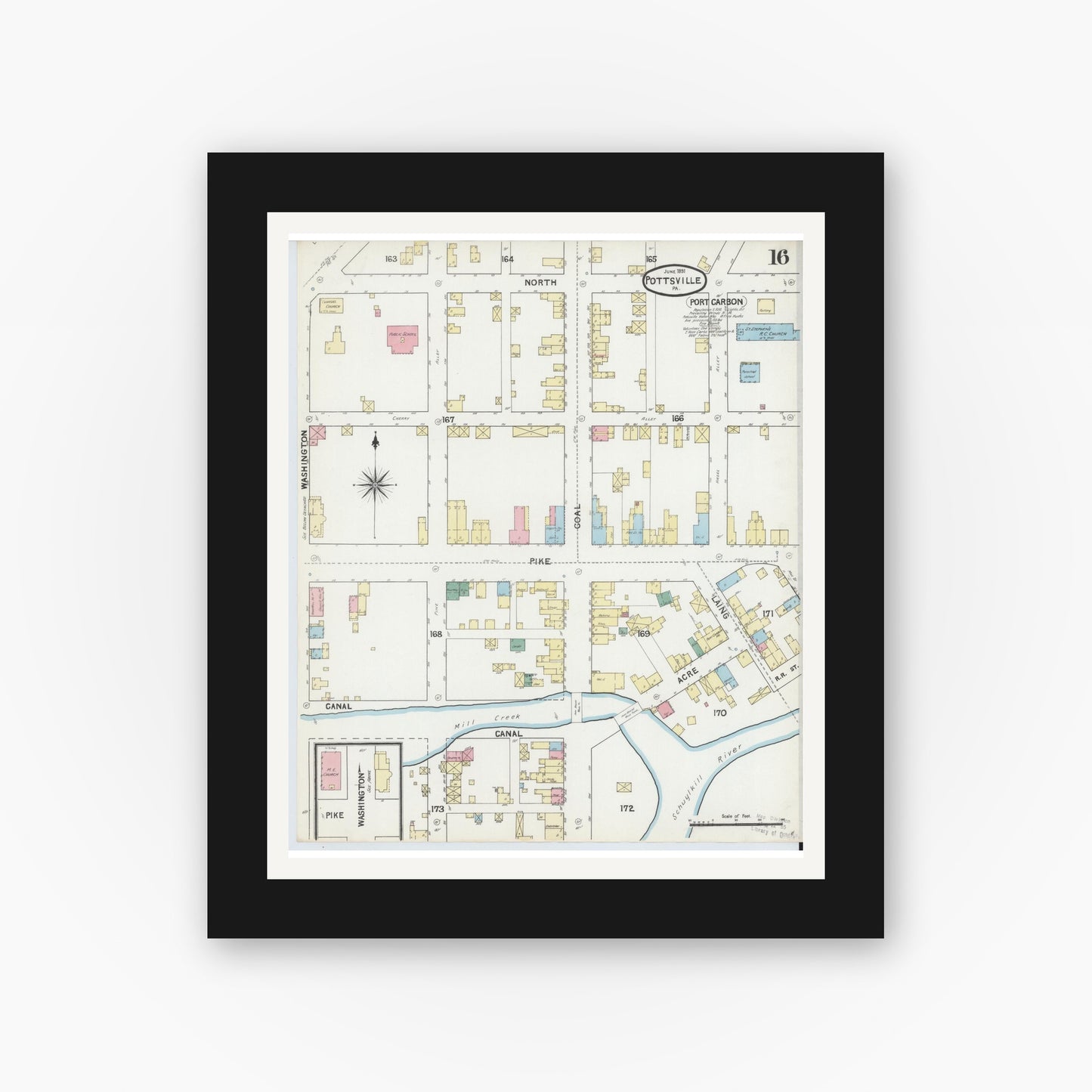 Old map wall art mockup — black gallery frame with white mat — Sanborn Fire Insurance Map from Pottsville, Schuylkill County, Pennsylvania (1891), Sheet #0016