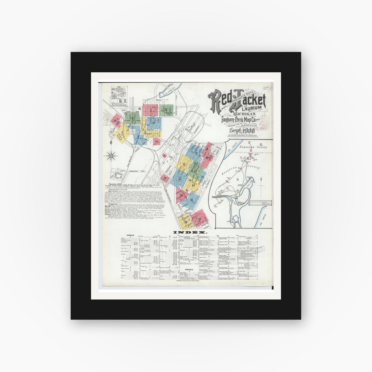 Old map wall art mockup — black gallery frame with white mat — Sanborn Fire Insurance Map from Red Jacket, Houghton County, Michigan (1900) - Complete Map Set