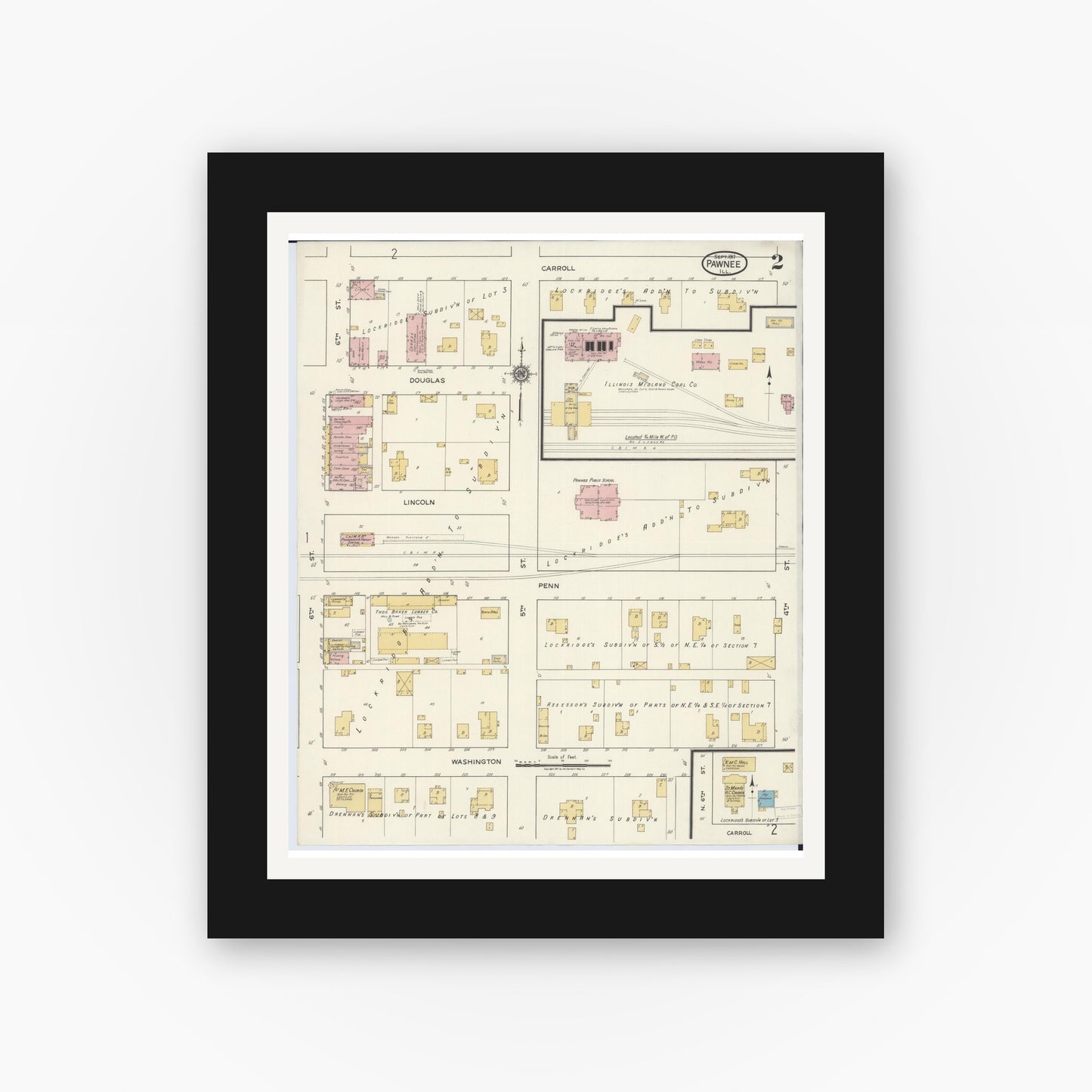 Old map wall art mockup — black gallery frame with white mat — Sanborn Fire Insurance Map from Pawnee, Sangamon County, Illinois (1917), Sheet #0002