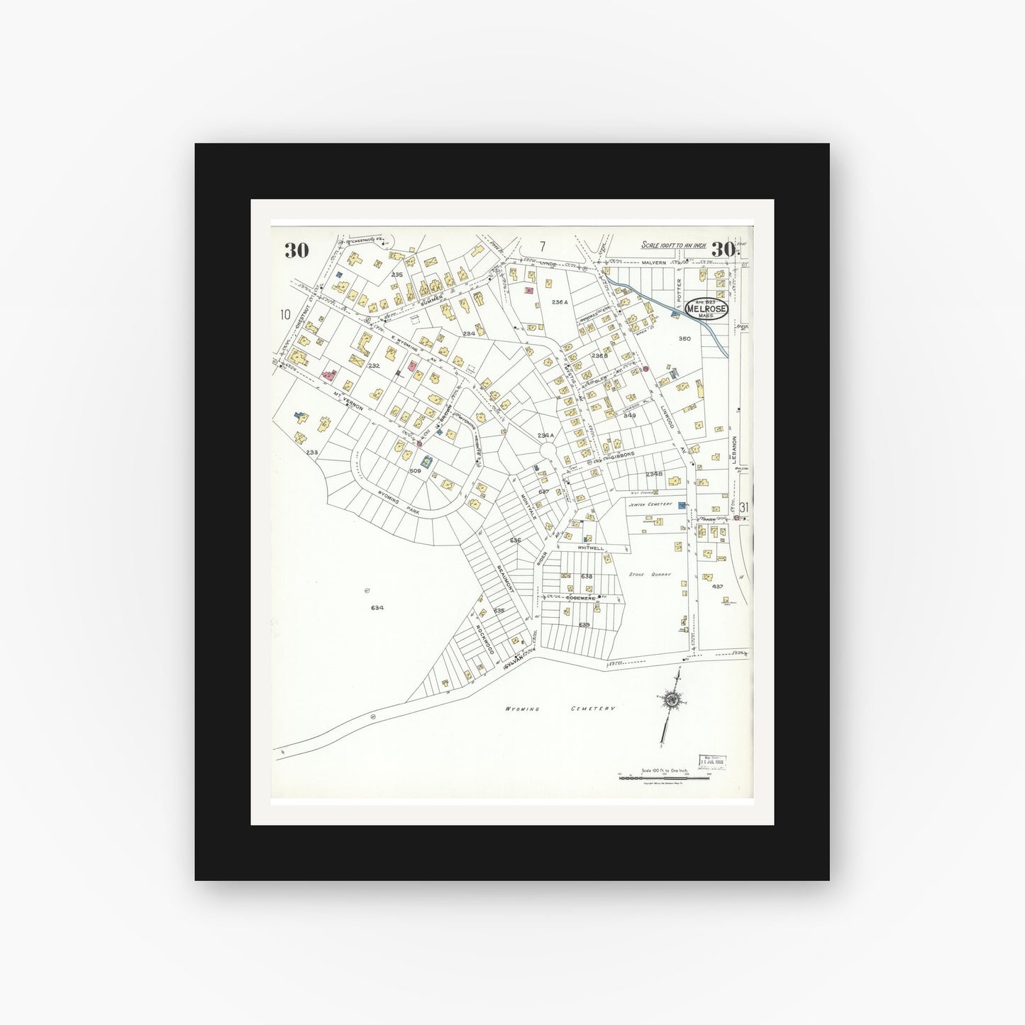 Old map wall art mockup — black gallery frame with white mat — Sanborn Fire Insurance Map from Melrose, Middlesex County, Massachusetts (1923), Sheet #0030