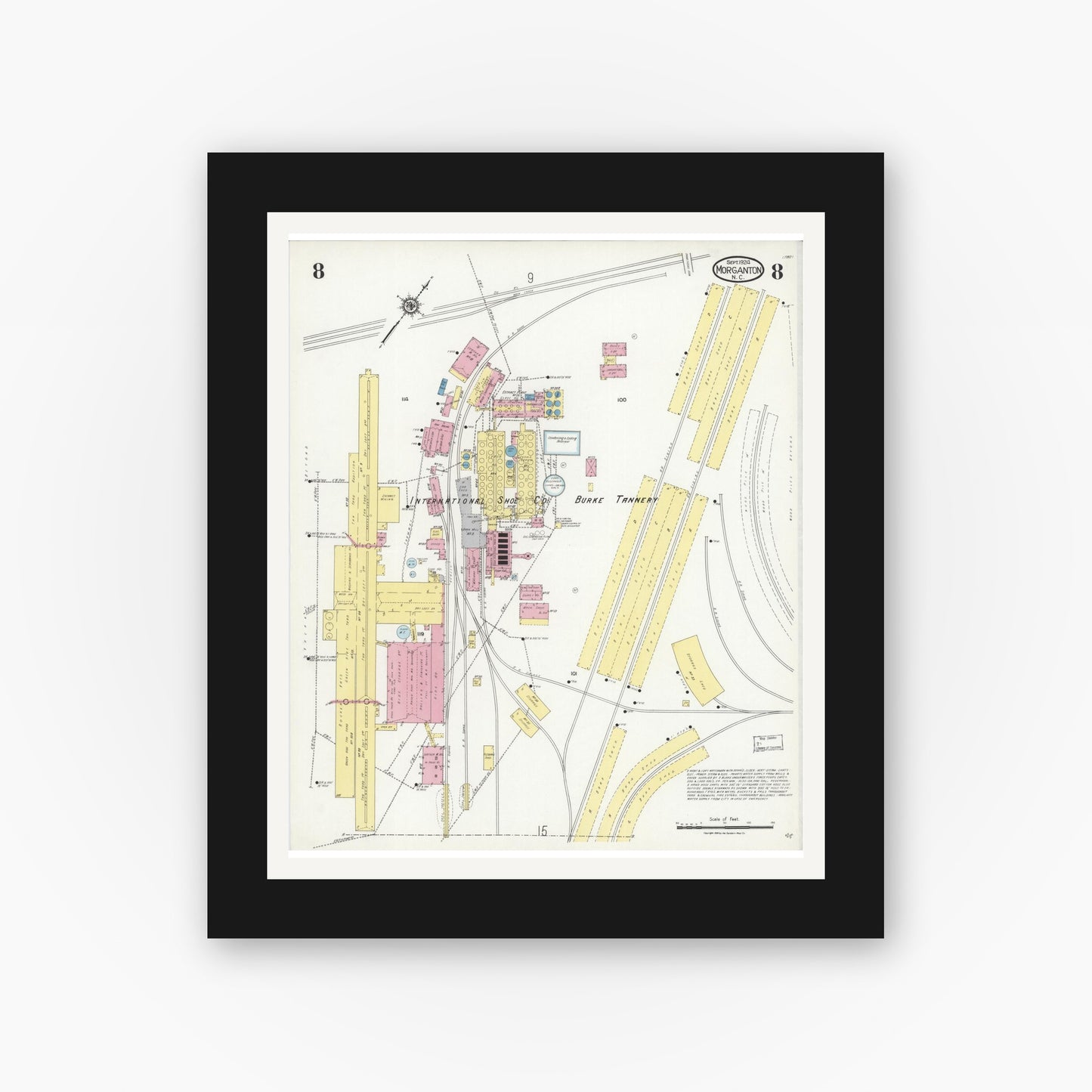 Old map wall art mockup — black gallery frame with white mat — Sanborn Fire Insurance Map from Morganton, Burke County, North Carolina (1924), Sheet #0008