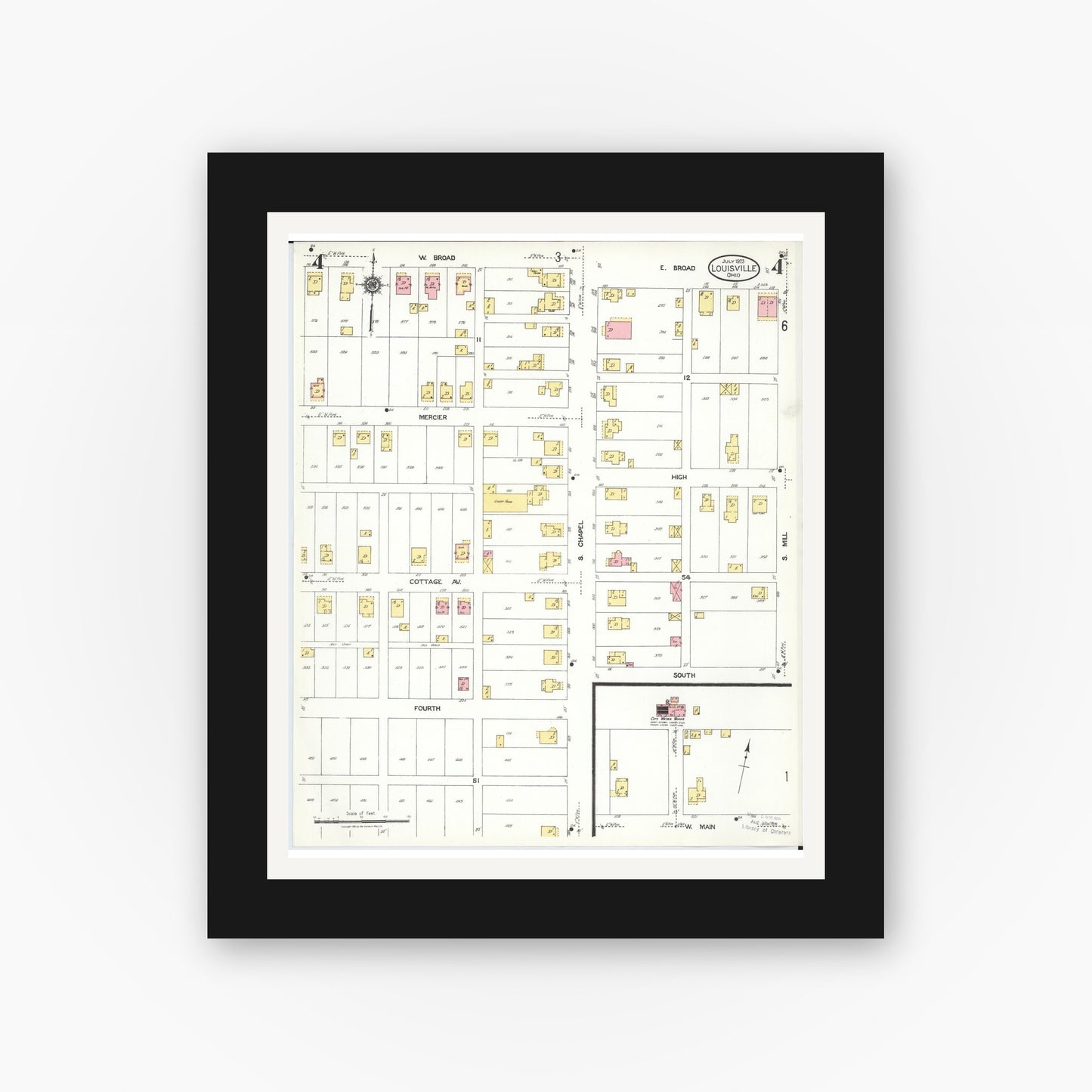Old map wall art mockup — black gallery frame with white mat — Sanborn Fire Insurance Map from Louisville, Stark County, Ohio (1923), Sheet #0004