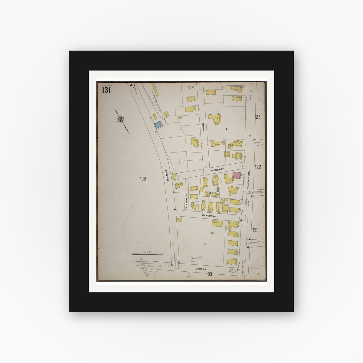 Old map wall art mockup — black gallery frame with white mat — Sanborn Fire Insurance Map from Worcester, Worcester County, Massachusetts (1910), Sheet #0131