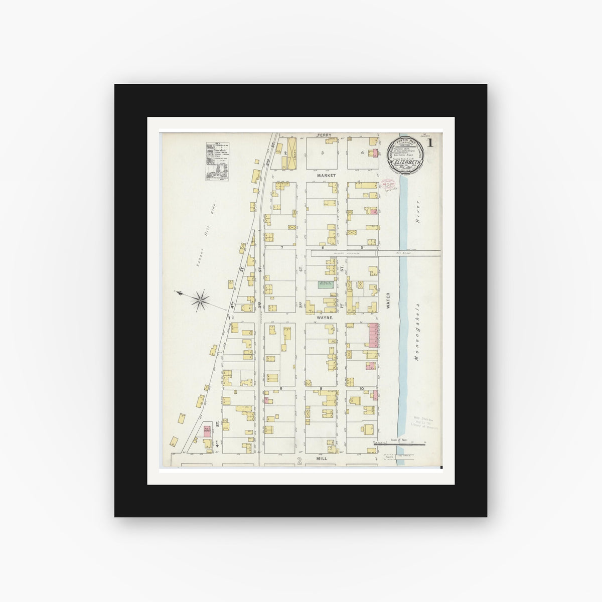 Old map wall art mockup — black gallery frame with white mat — Sanborn Fire Insurance Map from West Elizabeth, Allegheny County, Pennsylvania (1895) - Complete Map Set