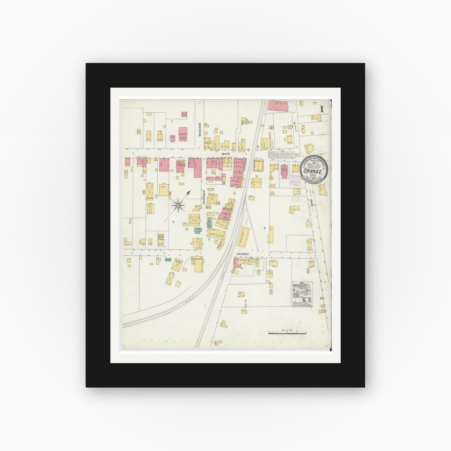 Old map wall art mockup — black gallery frame with white mat — Sanborn Fire Insurance Map from Orange, Orange County, Virginia (1905) - Complete Map Set