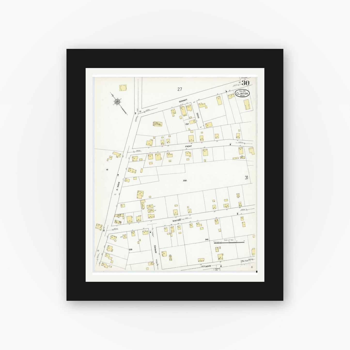 Old map wall art mockup — black gallery frame with white mat — Sanborn Fire Insurance Map from Clinton, Worcester County, Massachusetts (1911), Sheet #0030