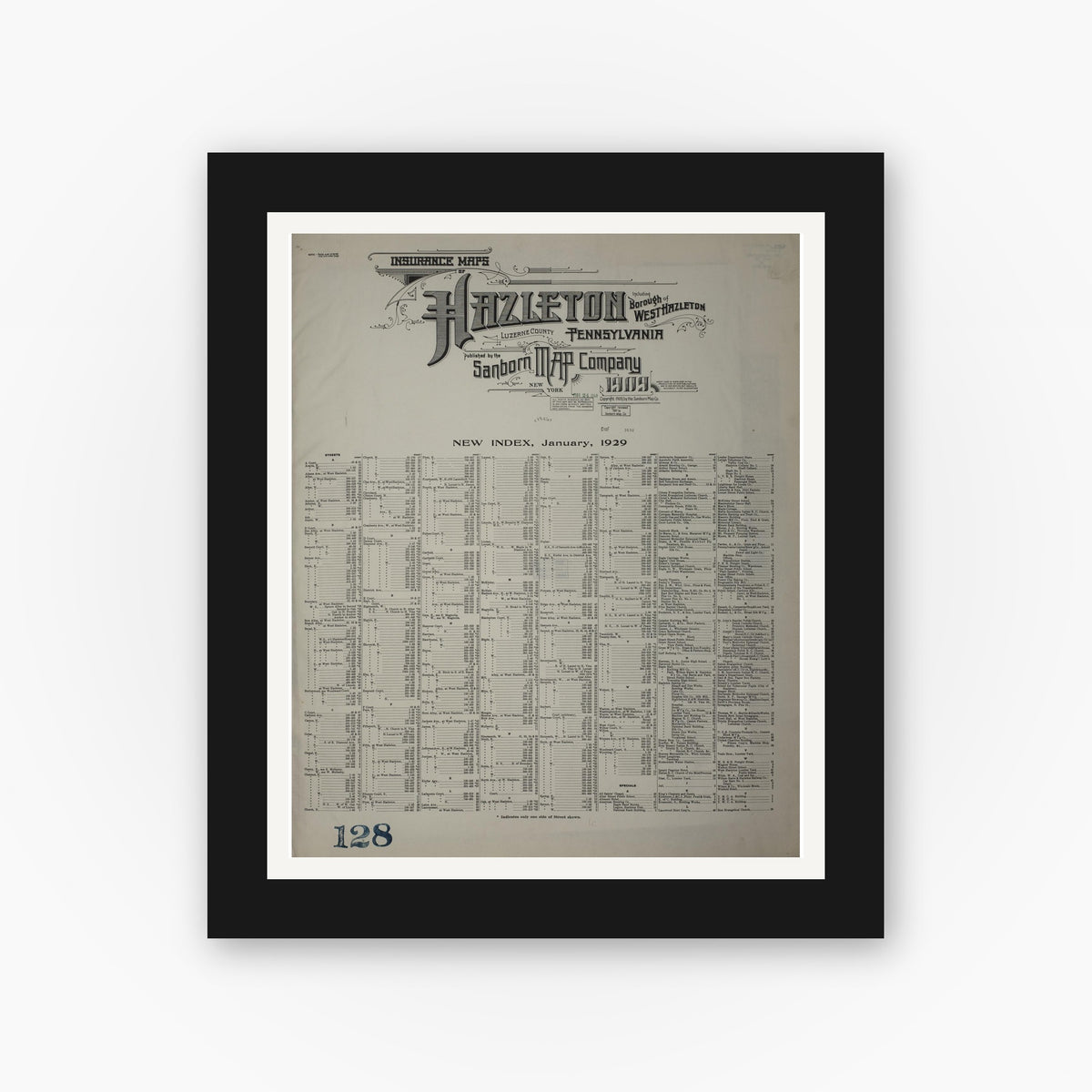 Old map wall art mockup — black gallery frame with white mat — Sanborn Fire Insurance Map from Hazleton, Luzerne County, Pennsylvania (1946), Sheet #0001