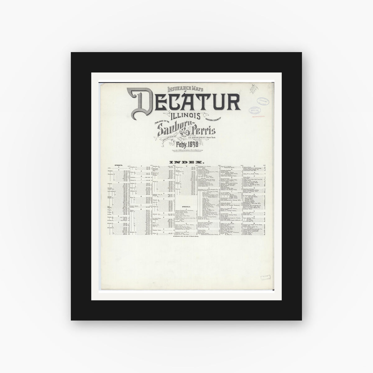 Old map wall art mockup — black gallery frame with white mat — Sanborn Fire Insurance Map from Decatur, Macon County, Illinois (1898), Sheet #0001