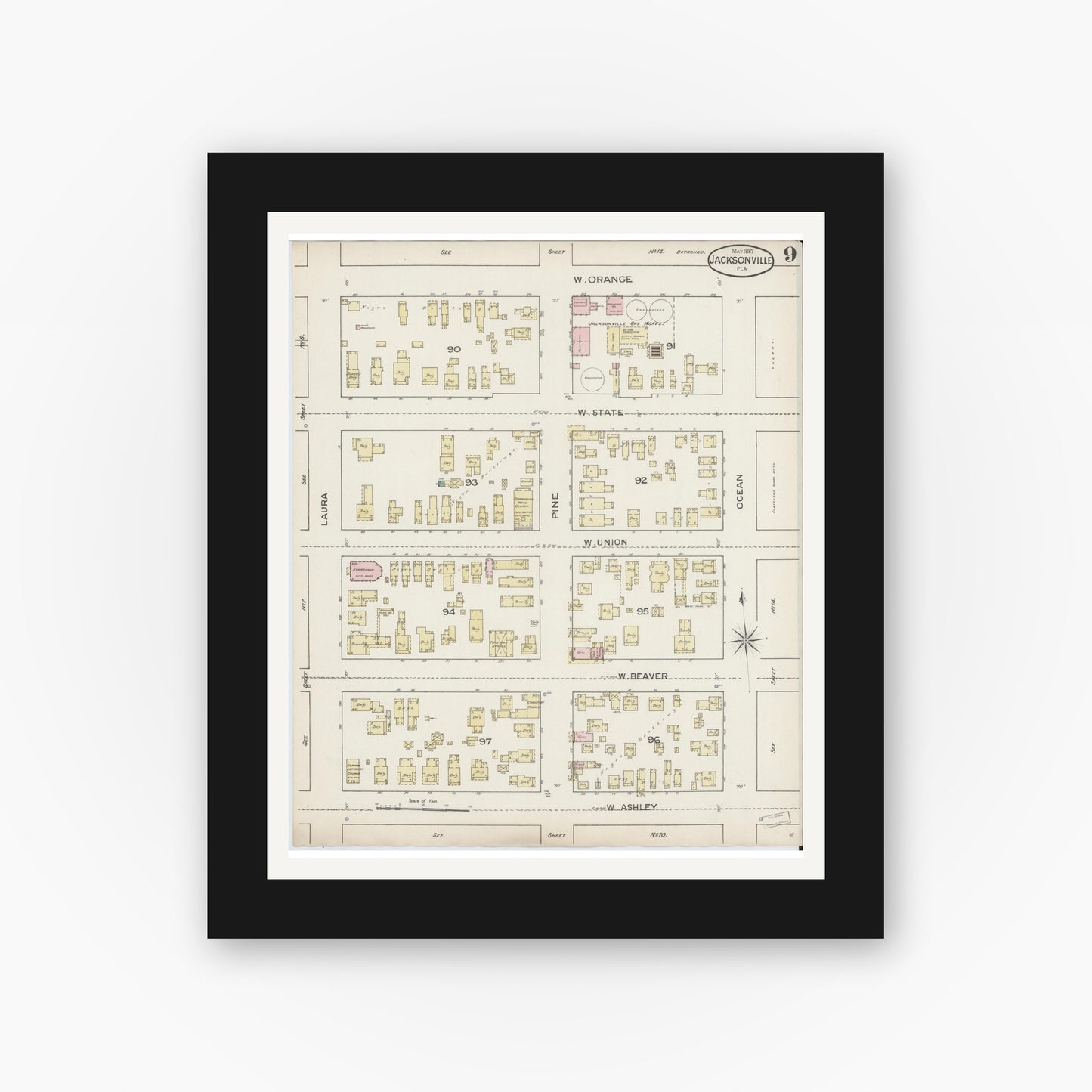 Old map wall art mockup — black gallery frame with white mat — Sanborn Fire Insurance Map from Jacksonville, Duval County, Florida (1887), Sheet #0009