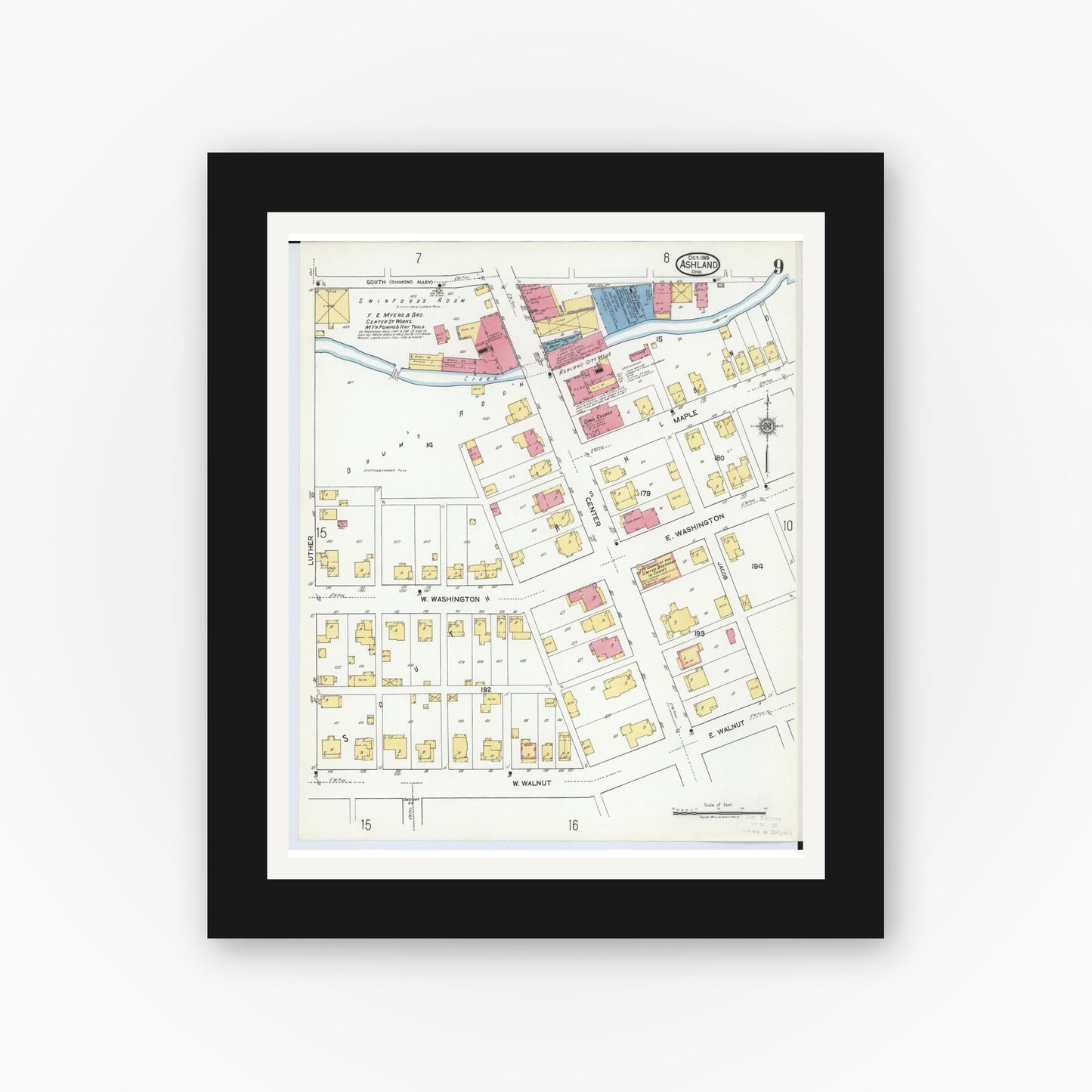 Old map wall art mockup β black gallery frame with white mat β Sanborn Fire Insurance Map from Ashland, Ashland County, Ohio (1919), Sheet #0009