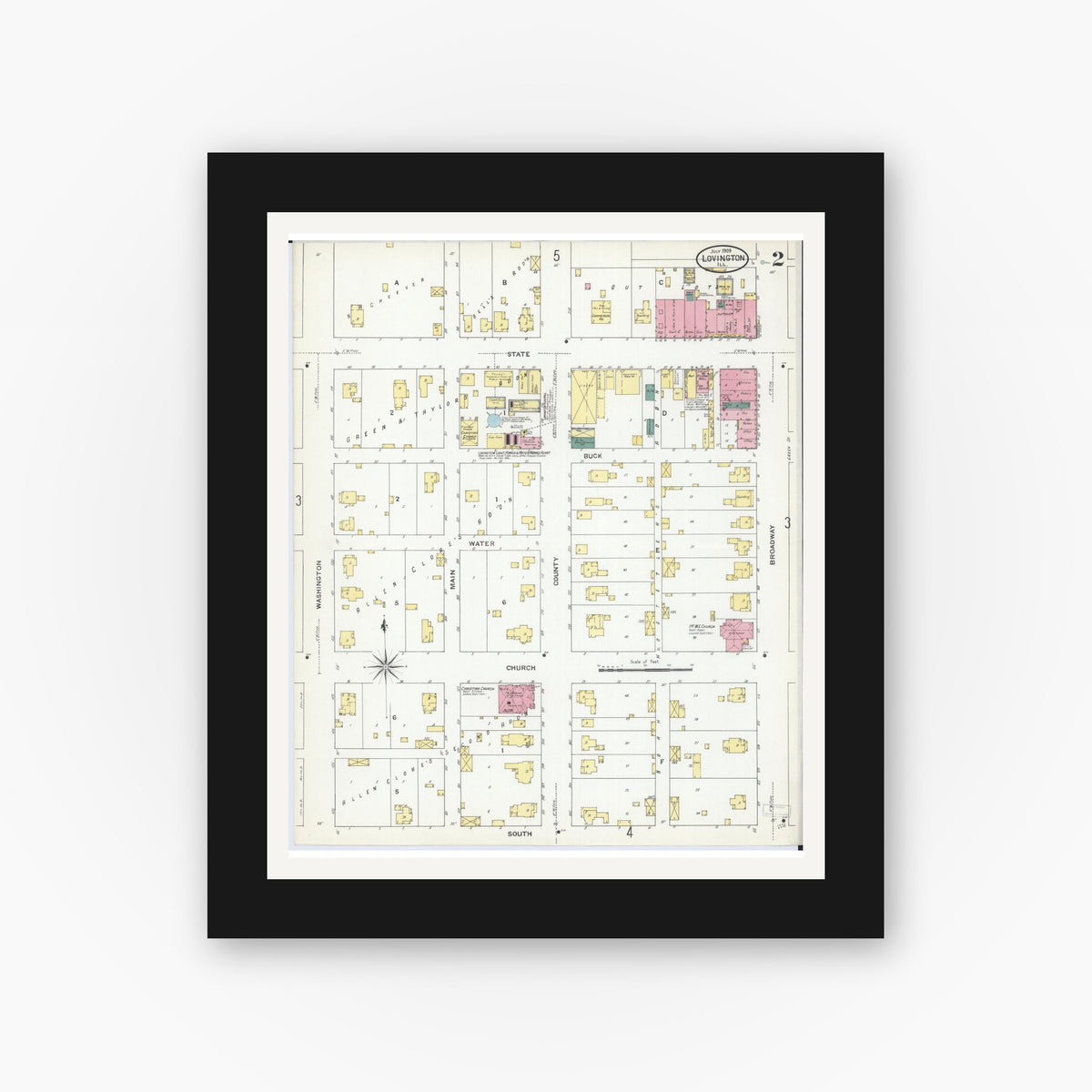 Old map wall art mockup — black gallery frame with white mat — Sanborn Fire Insurance Map from Lovington, Moultrie County, Illinois (1909), Sheet #0002