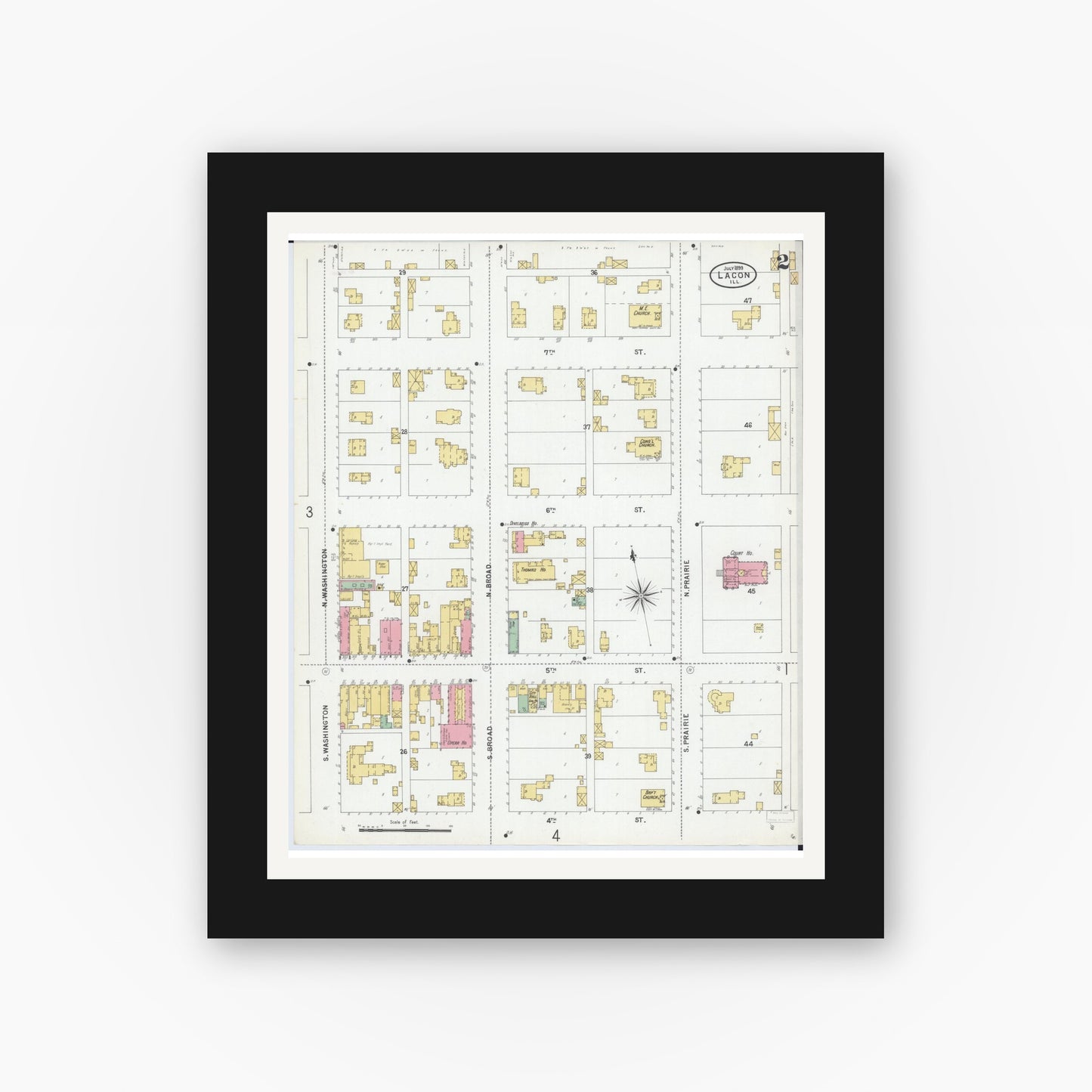 Old map wall art mockup — black gallery frame with white mat — Sanborn Fire Insurance Map from Lacon, Marshall County, Illinois (1899), Sheet #0002