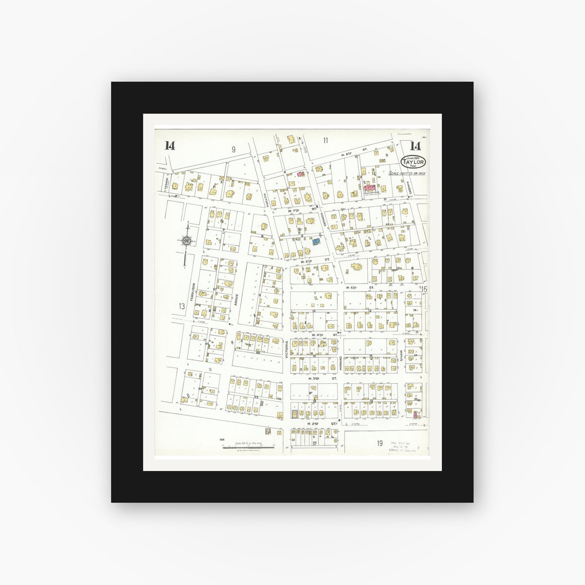 Old map wall art mockup — black gallery frame with white mat — Sanborn Fire Insurance Map from Taylor, Williamson County, Texas (1923), Sheet #0014