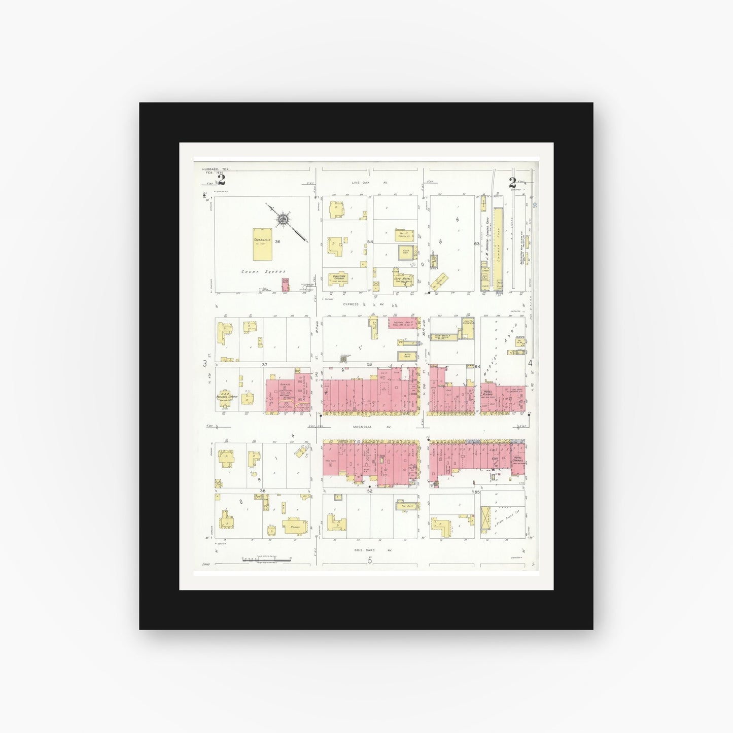 Old map wall art mockup — black gallery frame with white mat — Sanborn Fire Insurance Map from Hubbard, Hill County, Texas (1935), Sheet #0002