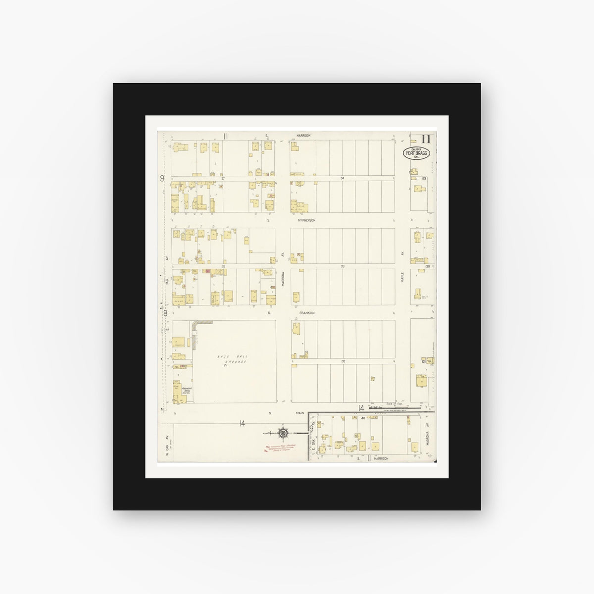 Old map wall art mockup — black gallery frame with white mat — Sanborn Fire Insurance Map from Fort Bragg, Mendocino County, California (1919), Sheet #0011