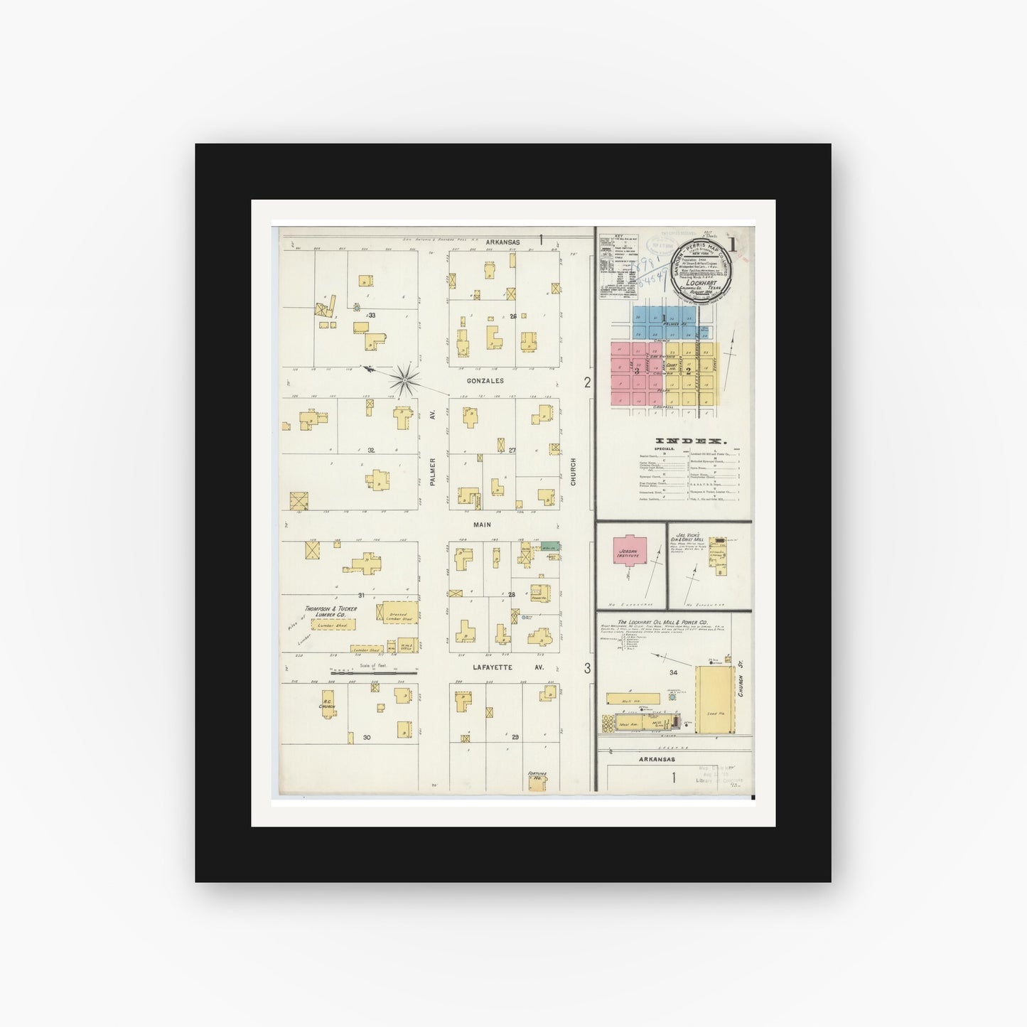 Old map wall art mockup — black gallery frame with white mat — Sanborn Fire Insurance Map from Lockhart, Caldwell County, Texas (1898), Sheet #0001