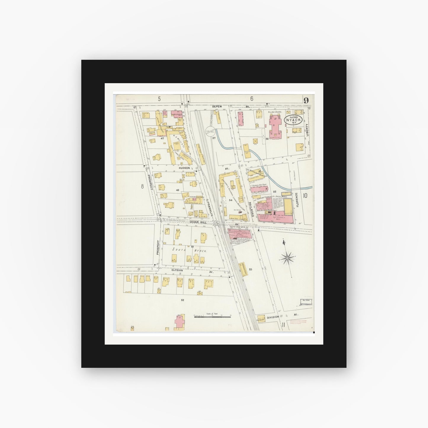 Old map wall art mockup — black gallery frame with white mat — Sanborn Fire Insurance Map from Nyack, Rockland County, New York. (1903), Sheet #0009