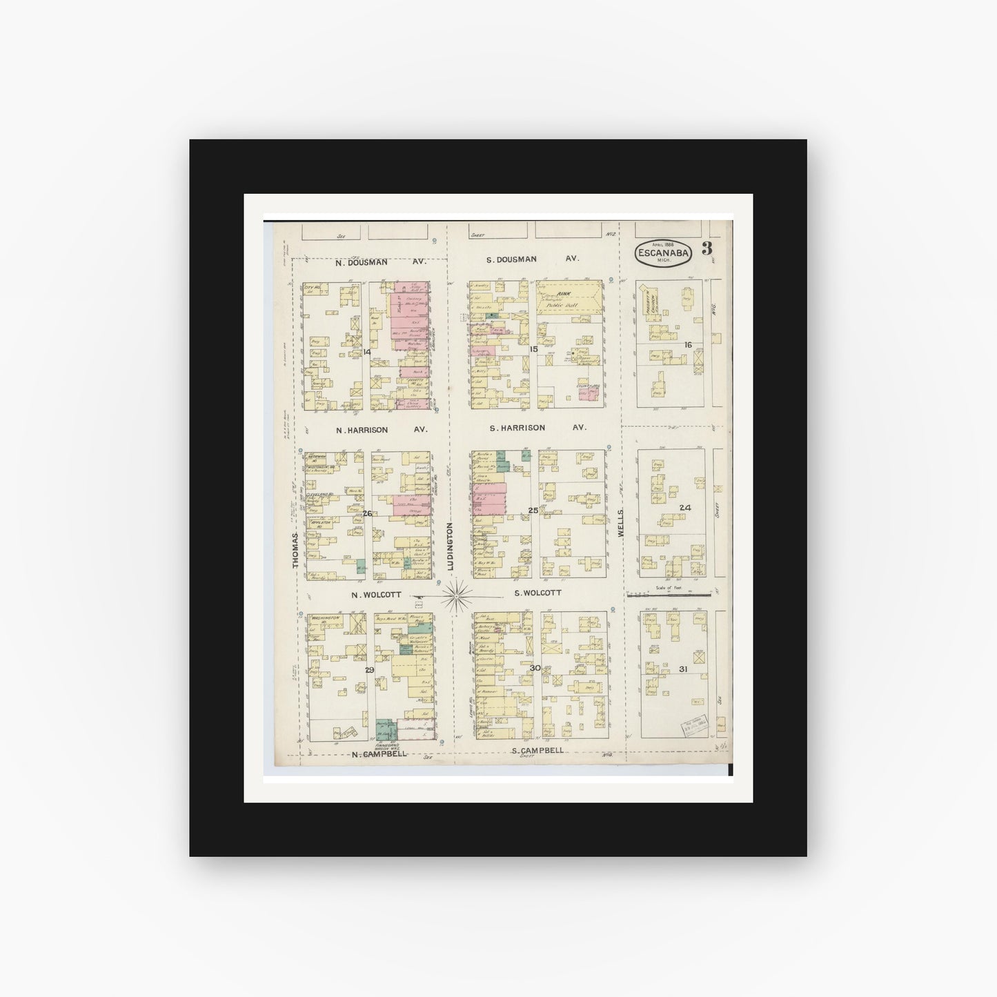 Old map wall art mockup — black gallery frame with white mat — Sanborn Fire Insurance Map from Escanaba, Delta County, Michigan (1888), Sheet #0003