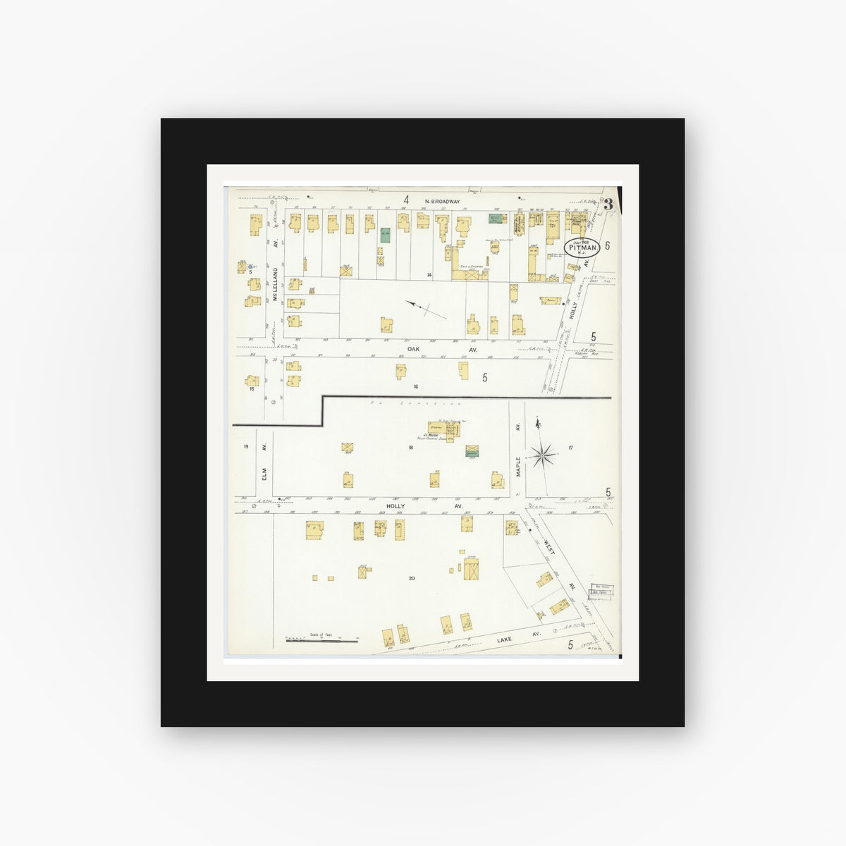 Old map wall art mockup — black gallery frame with white mat — Sanborn Fire Insurance Map from Pitman, Gloucester County, New Jersey (1908), Sheet #0003