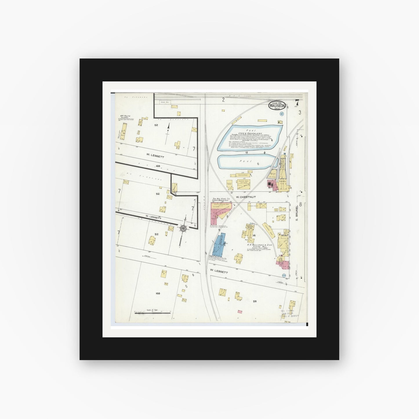 Old map wall art mockup — black gallery frame with white mat — Sanborn Fire Insurance Map from Wauseon, Fulton County, Ohio (1916), Sheet #0007