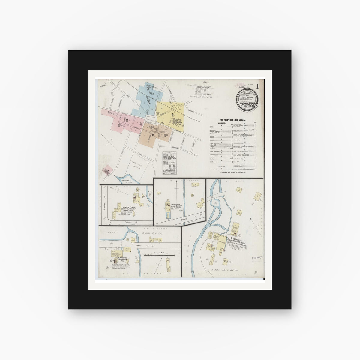 Old map wall art mockup — black gallery frame with white mat — Sanborn Fire Insurance Map from Foxboro, Norfolk County, Massachusetts (1889), Sheet #0001