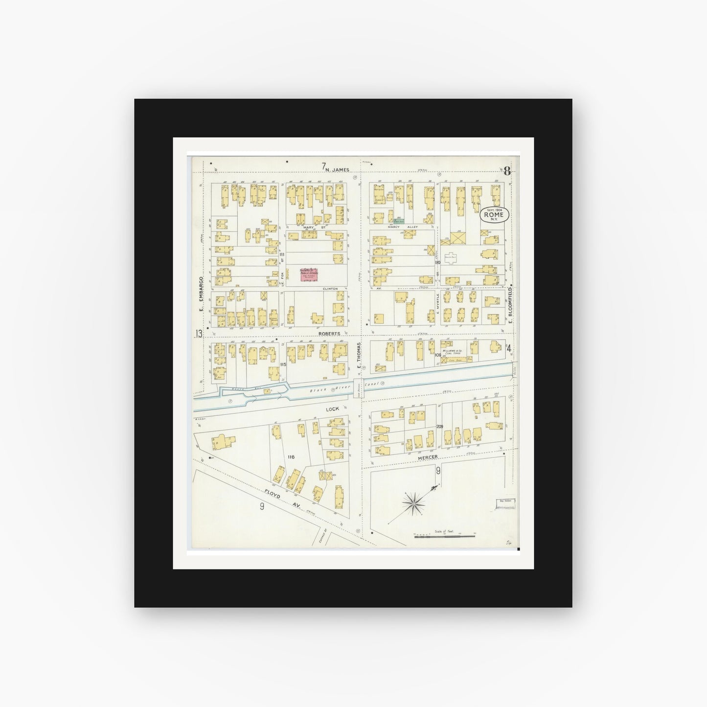 Old map wall art mockup — black gallery frame with white mat — Sanborn Fire Insurance Map from Rome, Oneida County, New York (1904), Sheet #0008