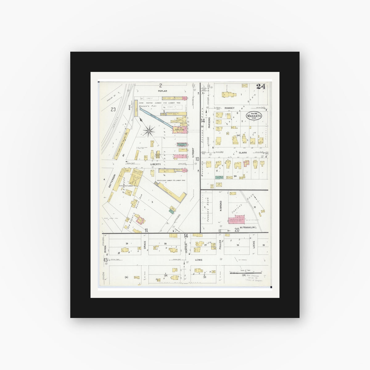 Old map wall art mockup — black gallery frame with white mat — Sanborn Fire Insurance Map from Mankato, Blue Earth County, Minnesota (1908), Sheet #0024