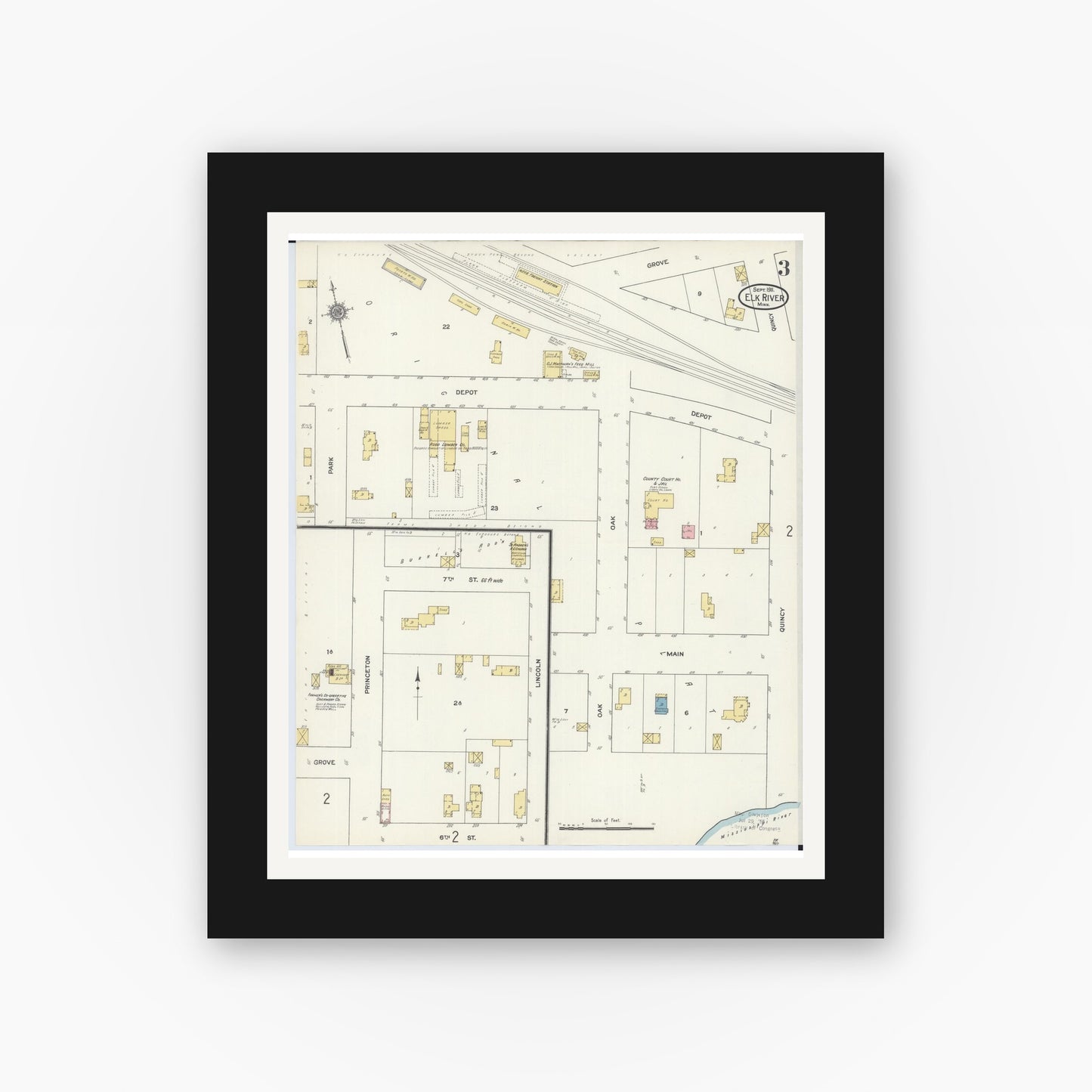 Old map wall art mockup — black gallery frame with white mat — Sanborn Fire Insurance Map from Elk River, Sherburne County, Minnesota (1911), Sheet #0003