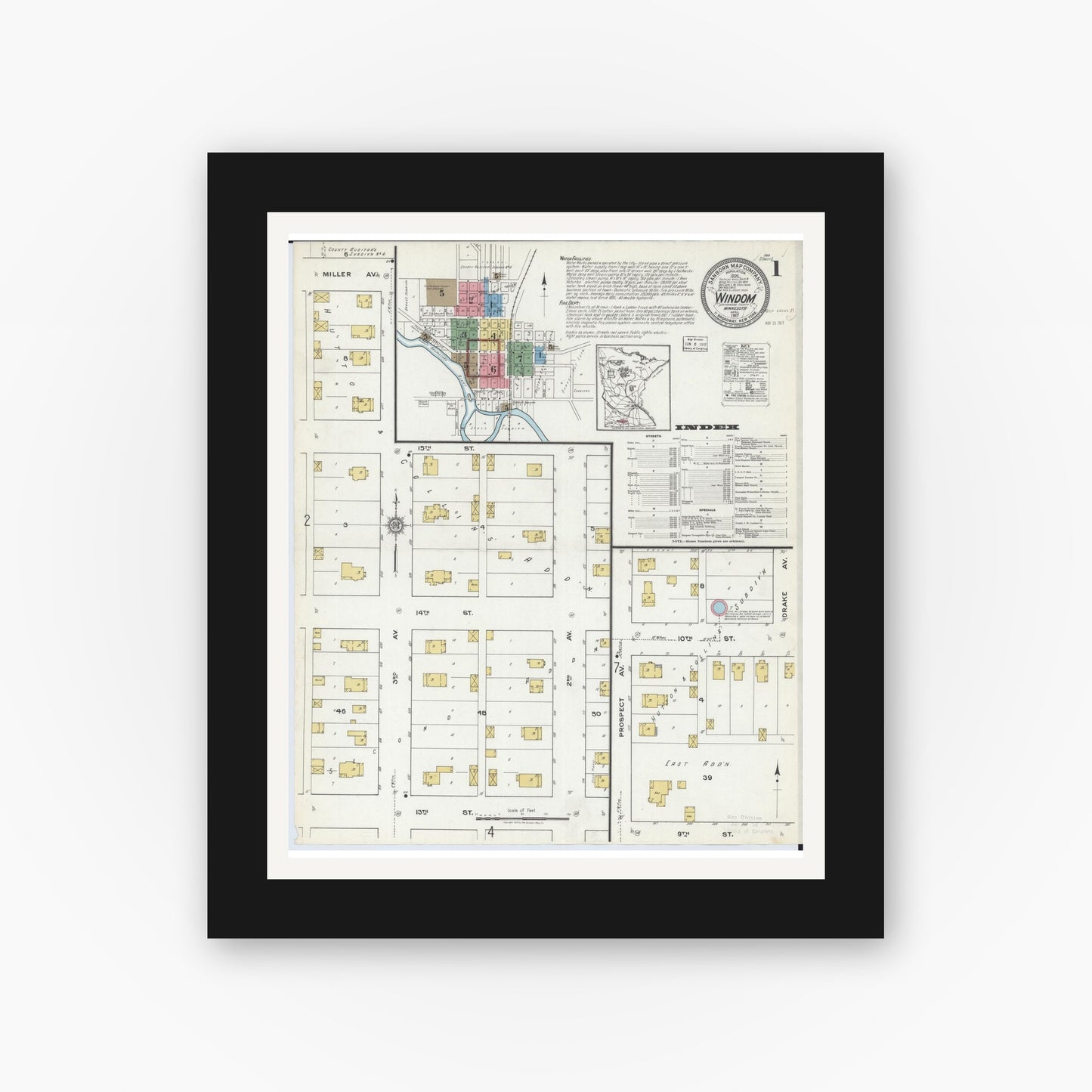Old map wall art mockup — black gallery frame with white mat — Sanborn Fire Insurance Map from Windom, Cottonwood County, Minnesota (1917) - Complete Map Set