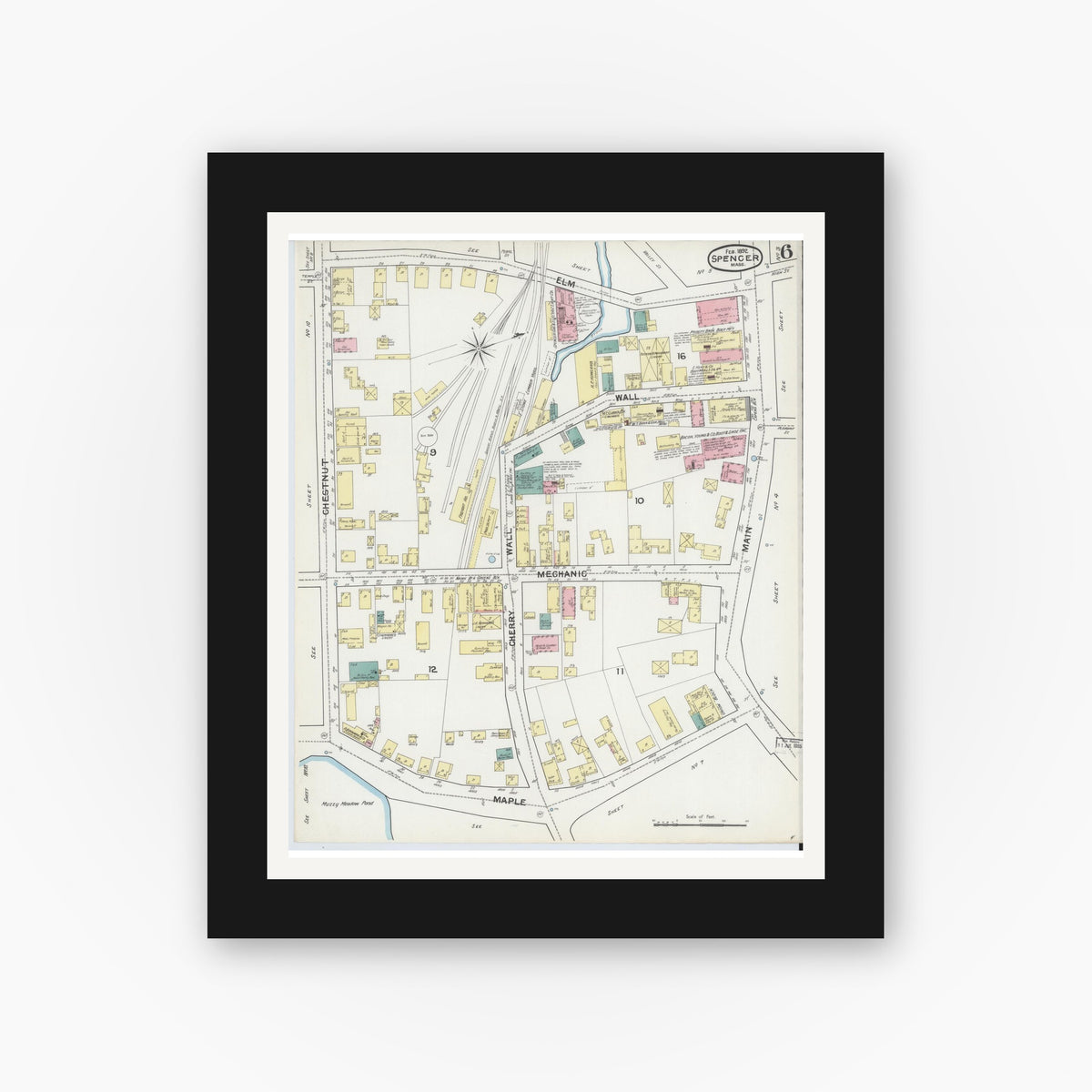 Old map wall art mockup — black gallery frame with white mat — Sanborn Fire Insurance Map from Spencer, Worcester County, Massachusetts (1892), Sheet #0006