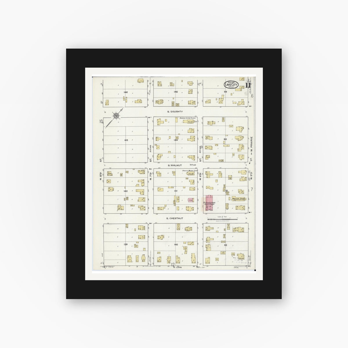 Old map wall art mockup — black gallery frame with white mat — Sanborn Fire Insurance Map from Lake City, Wabasha County, Minnesota (1921), Sheet #0011