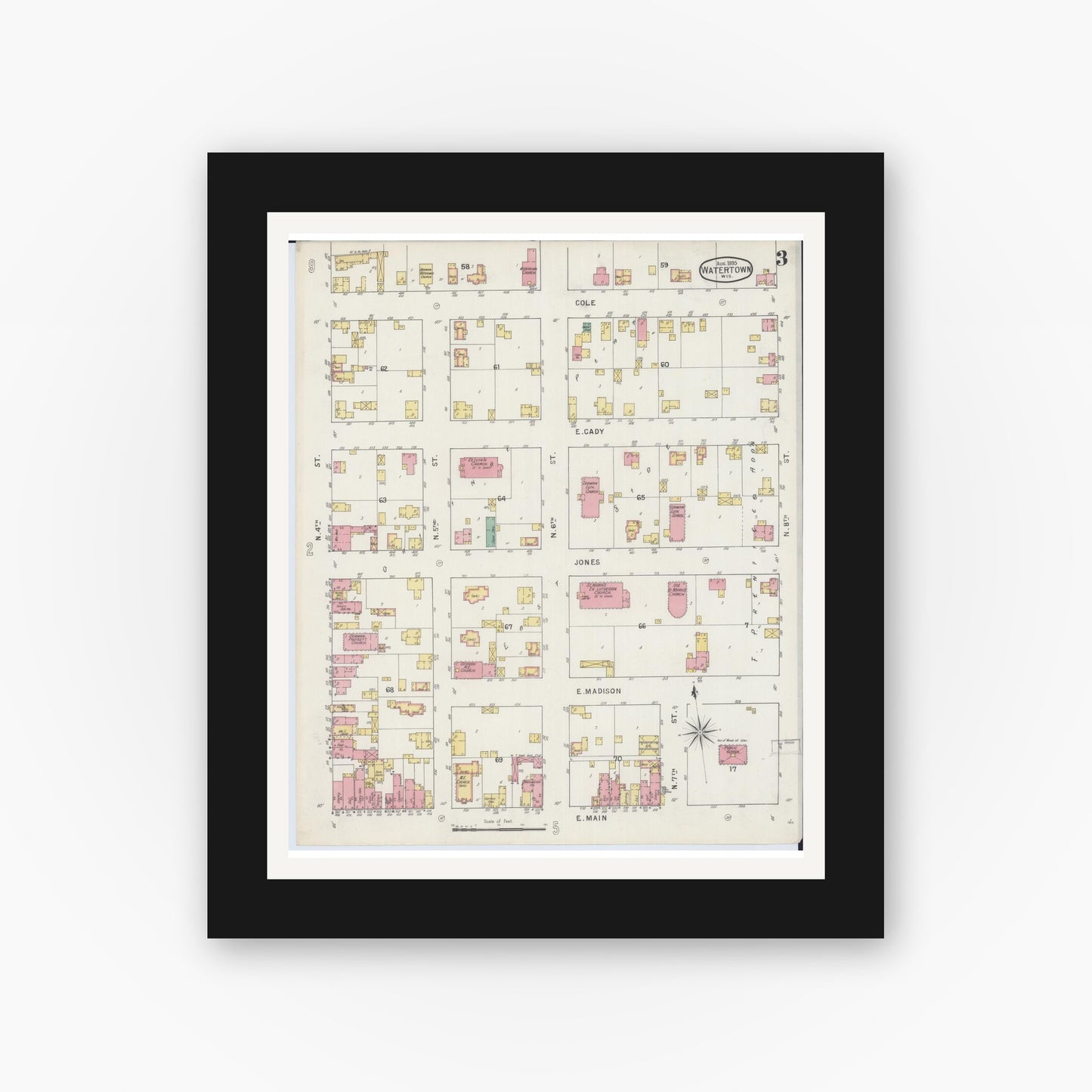 Old map wall art mockup — black gallery frame with white mat — Sanborn Fire Insurance Map from Watertown, Jefferson County, Wisconsin (1895), Sheet #0003